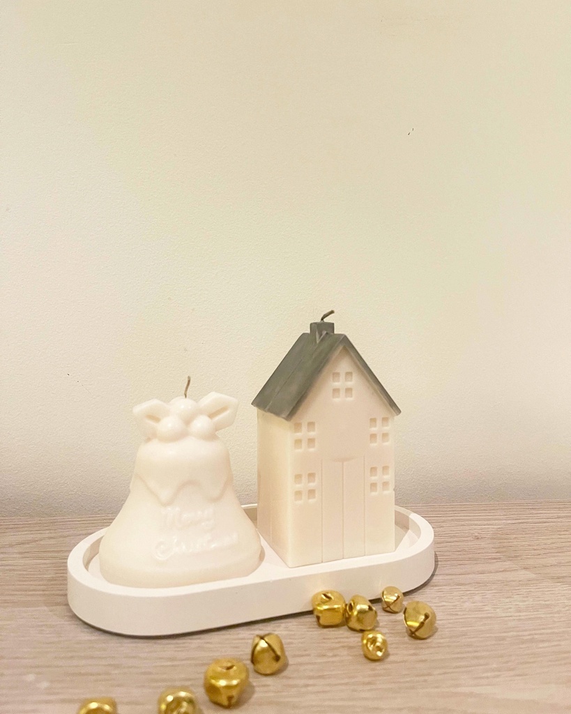 Set of Christmas House, bell candle and oval plate